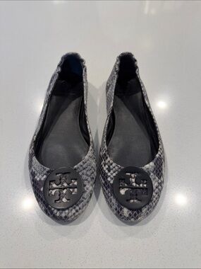 Tory Burch Minnie Black and Gray Snakeskin Flats Size 7.5
